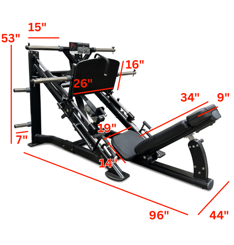 Gym leg press machine with dimensions labeled on a white background