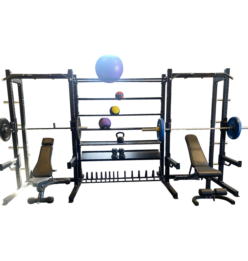 J6602 Double Sided Rack with Storage black workout rack displayed on white background