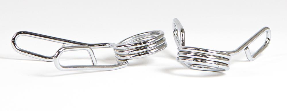 A pair of silver spring collars for weightlifting, displayed against a white background.
