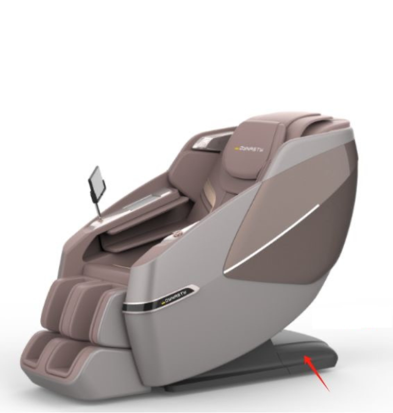 Massage chair displayed with the footrest positioned to the side, highlighting its design and functionality.