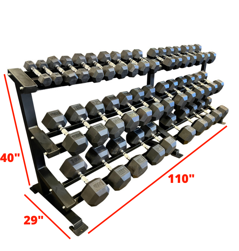 A set of black rubber hex dumbbells on a two-tiered metal rack with dimensions 