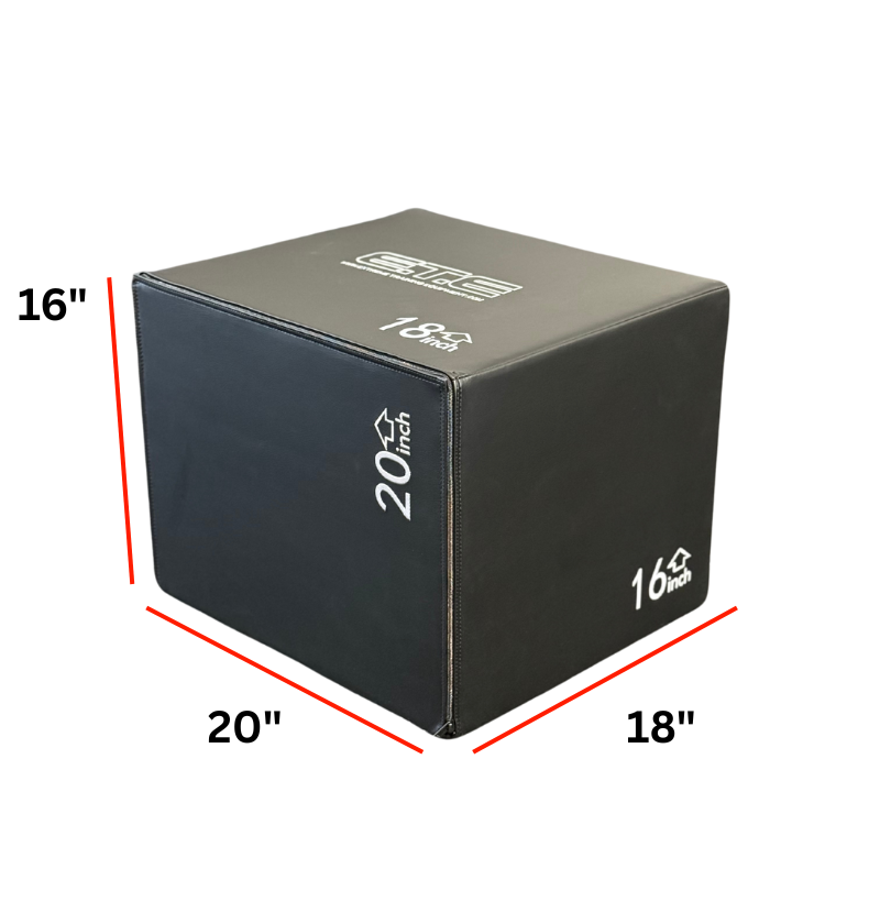 Black exercise foam plyo box with dimensions labeled on a white background