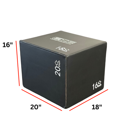 Black exercise foam plyo box with dimensions labeled on a white background