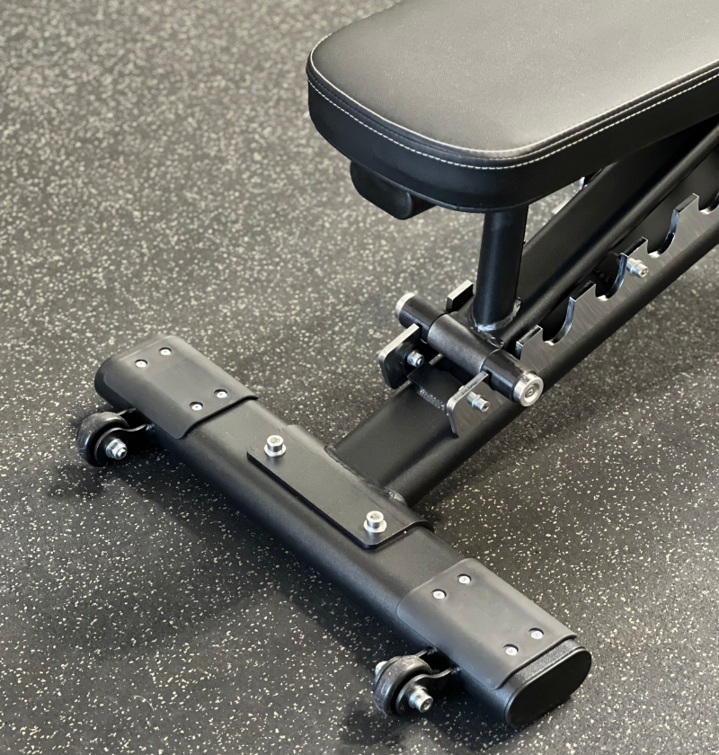 Adjustable Flat Incline Bench PL7328 featuring wheels for easy transportation and adjustable metal hinge 