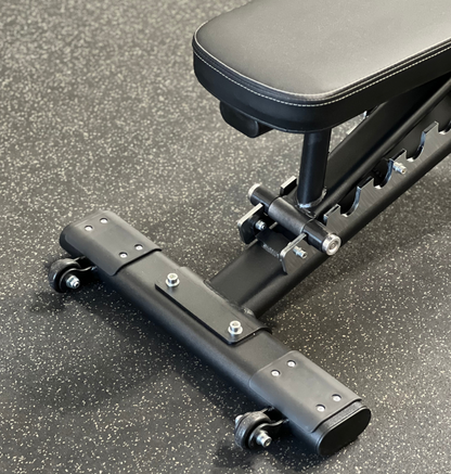 Adjustable Flat Incline Bench PL7328 featuring wheels for easy transportation and adjustable metal hinge 