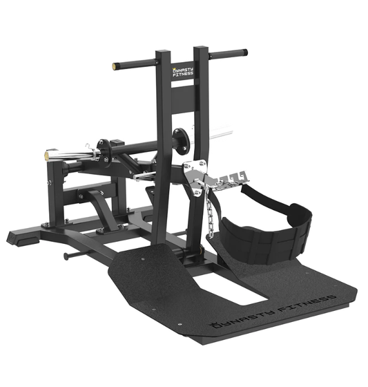 Belt Squat Black Plate Loaded Gym Equipment Displayed on a White Background 