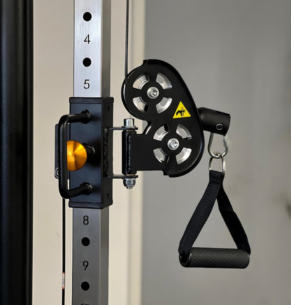 Functional Trainer Space Saver PL7346: a sturdy pull-up bar securely attached to a wall for effective workout routines.