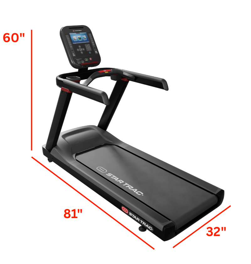 Treadmill with dimensions labeled on a white background