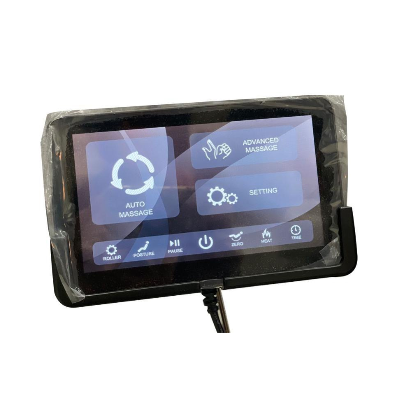 A small electronic device with a screen, part of a massage chair for controlling settings and features.