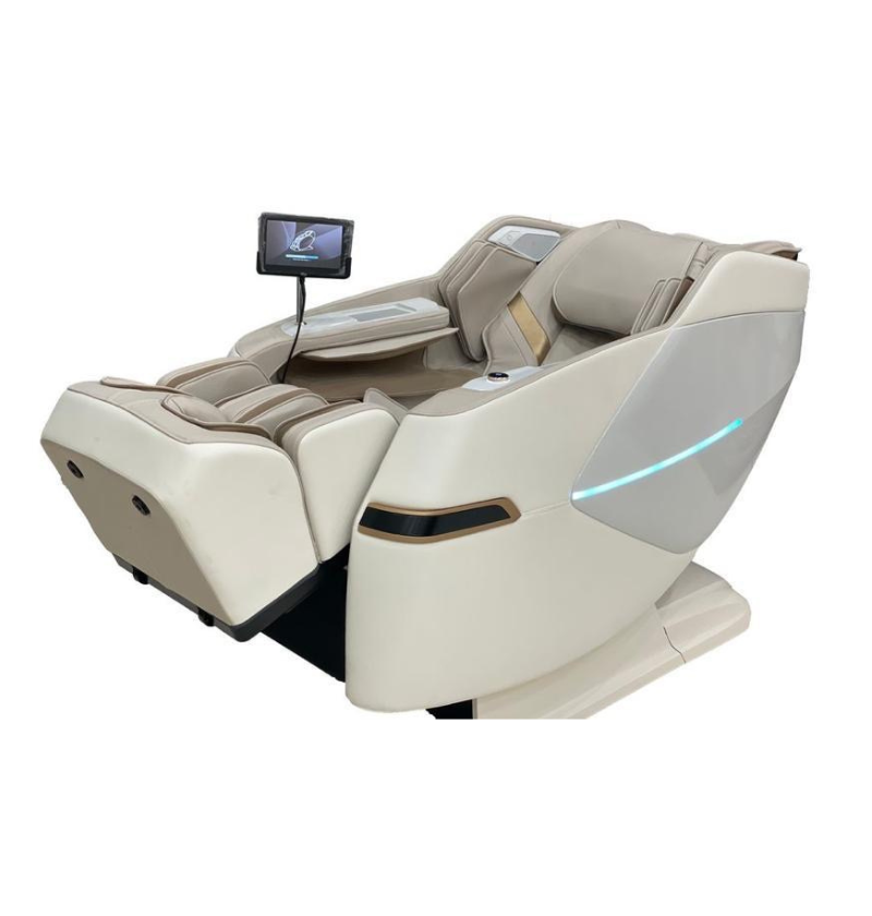 A massage chair displayed alongside its remote control, highlighting the chair's features and functionality.