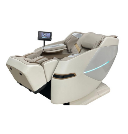 A massage chair displayed alongside its remote control, highlighting the chair's features and functionality.
