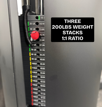 Photo of a black 200lbs weight stack with text "three 200lbs weight stacks 1:1 ratio."