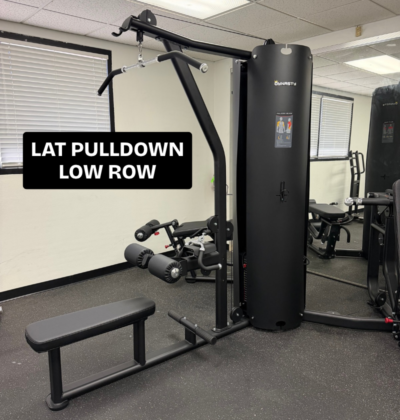 Black 3 stack multi station featuring the lat pulldown low row on speckled flooring.
