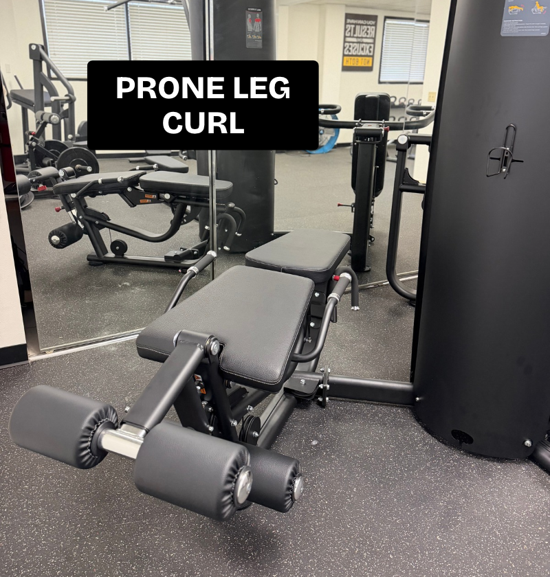 Black 3 stack multi station featuring the prone leg curl on speckled floor.