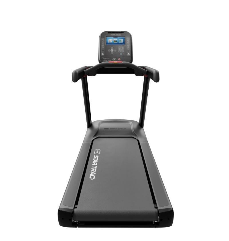 Black treadmill with a digital display on a white background