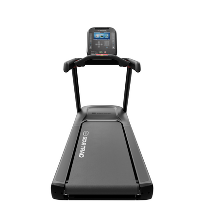 Black treadmill with a digital display on a white background