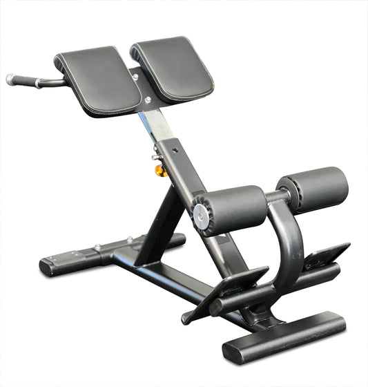 Black 45 Degree Hyperextension PL7329 gym machine for strength training exercises.