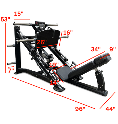 Gym leg press machine with dimensions labeled on a white background
