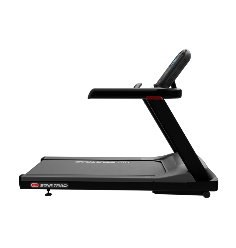 Black treadmill with Star Trac branding on a white background