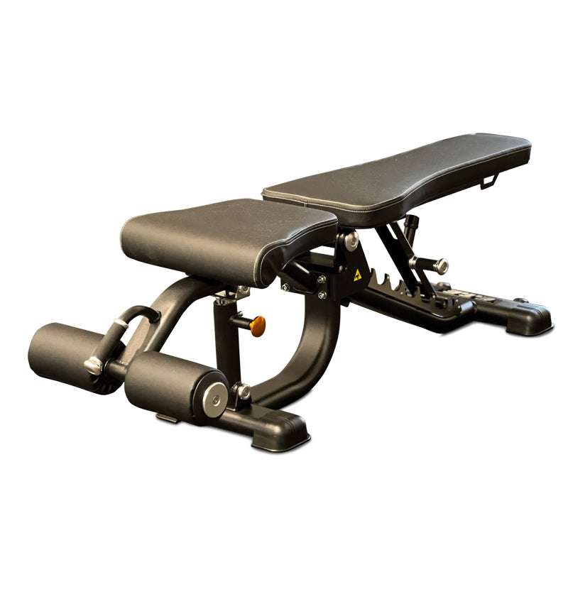 A black adjustabel flat exercise bench equipped with a footrest, ideal for supporting various workout positions and exercises.