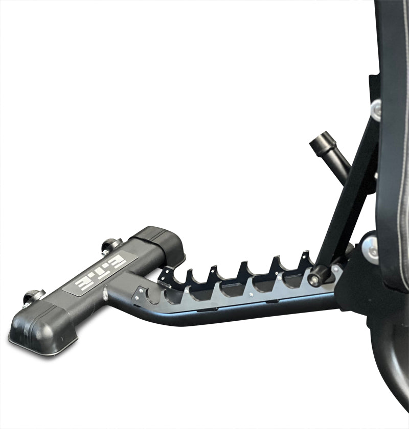 Adjustable incline decline bench featuring wheels for easy transportation as well as an adjustable metal hinge