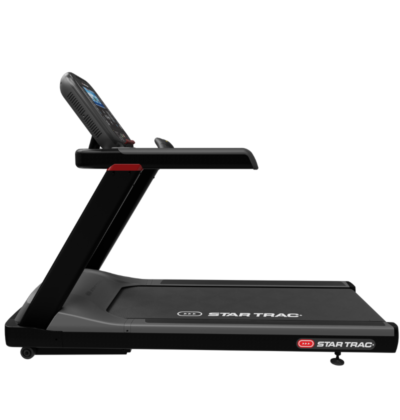 Black treadmill with Star Trac branding on a white background