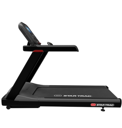 Black treadmill with Star Trac branding on a white background