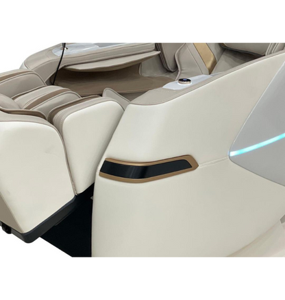 Back of a luxury massage chair with a stylish white and beige color scheme, emphasizing its modern design.