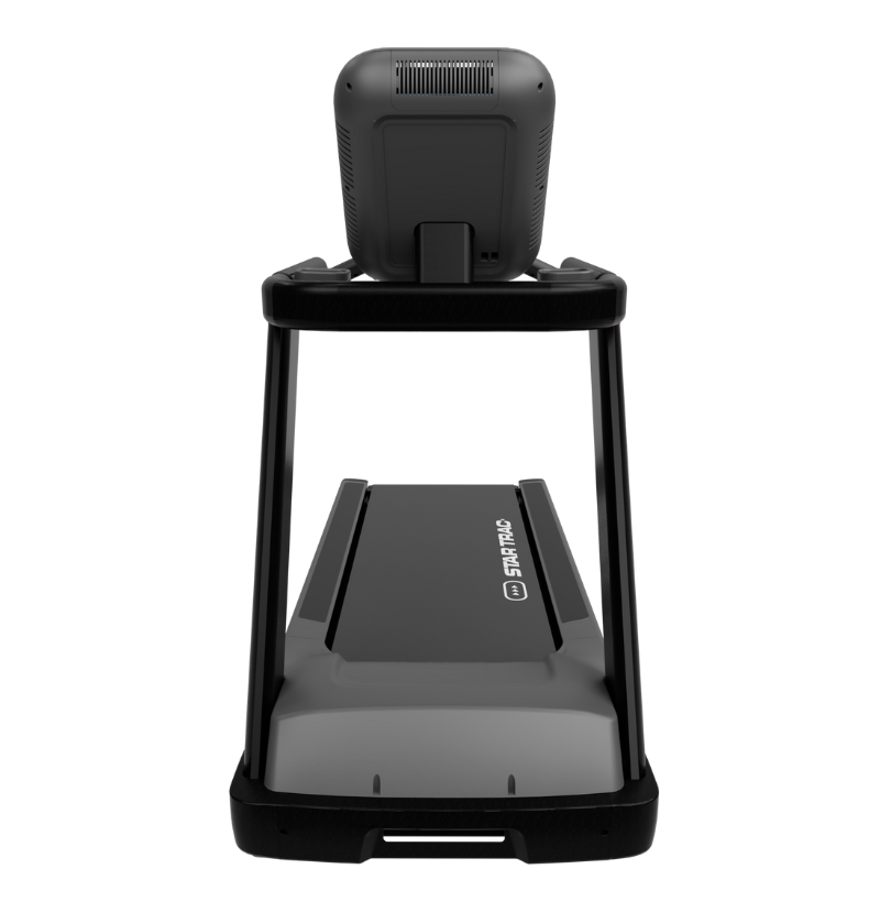 Black treadmill with a tablet stand on a white background