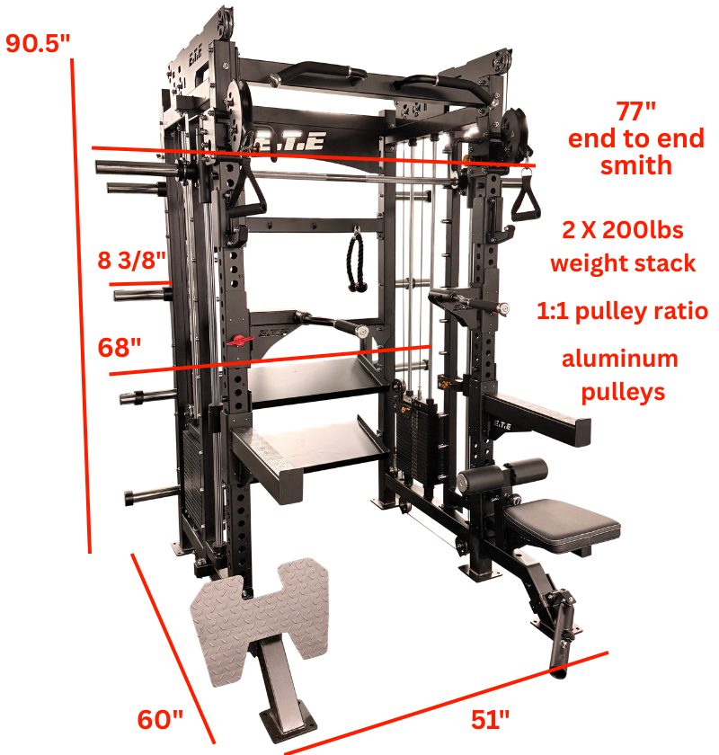 Black metal home gym power rack with overlaid red dimension lines and text showing measurements such as 90.5 inches, 77 inches, 68 inches, 60 inches, 51 inches, and product specs including 2 x 200lbs weight stack and 1:1 pulley ratio aluminum pulleys.