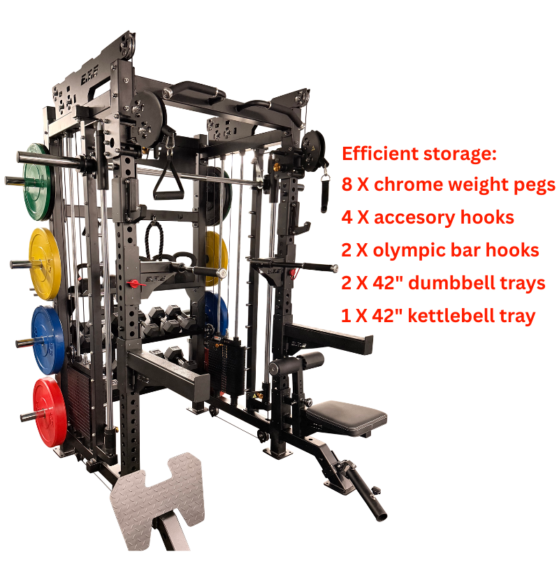 Black half rack with smith machine functional trainer and storage trays.