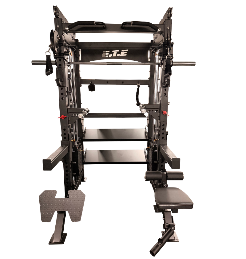 Black all-in-1 half rack with smith functional on a white background.