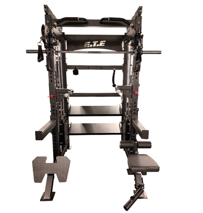 Black all-in-1 half rack with smith functional on a white background.