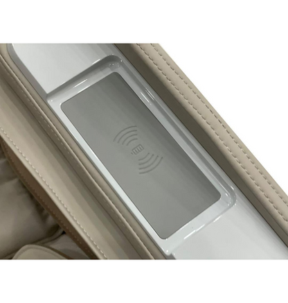 A white leather case featuring a wireless charging pad, designed for use with a massage chair.