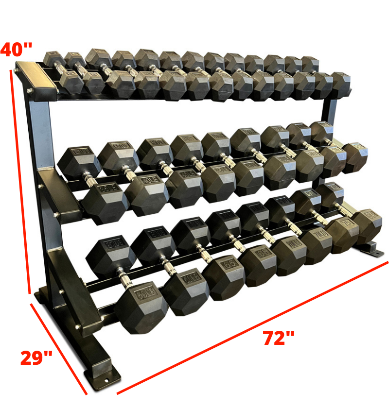 A set of black rubber hex dumbbells on a two-tiered metal rack with dimensions