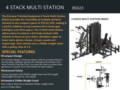 4 stack multi station chart featuring key features such as compact design and 250lbs weight stack at 2:1 ratio.