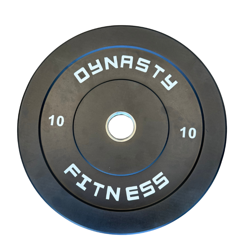 A black rubber weight plate with white lettering that reads 'DYNASTY FITNESS' and '10' on each side, shown on a plain white background.