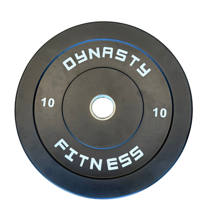A black rubber weight plate with white lettering that reads 'DYNASTY FITNESS' and '10' on each side, shown on a plain white background.