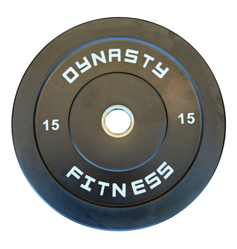 A black rubber weight plate with white lettering that reads 'DYNASTY FITNESS' and '15' on each side, shown on a plain white background.