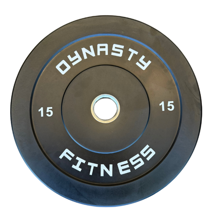 A black rubber weight plate with white lettering that reads 'DYNASTY FITNESS' and '15' on each side, shown on a plain white background.