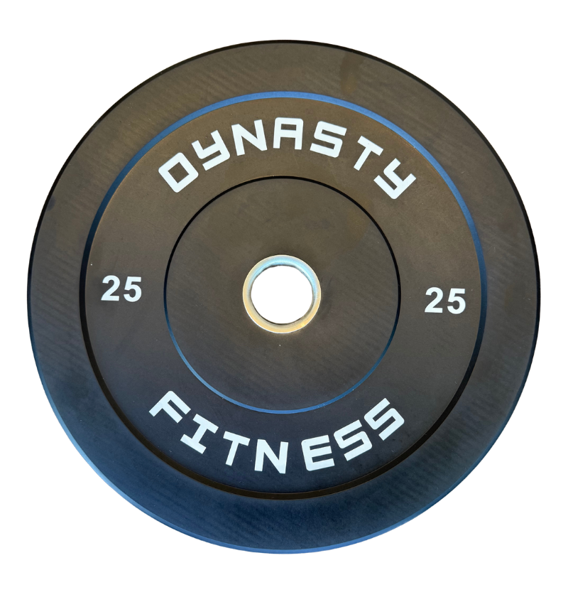 A black rubber weight plate with white lettering that reads 'DYNASTY FITNESS' and '25' on each side, shown on a plain white background.