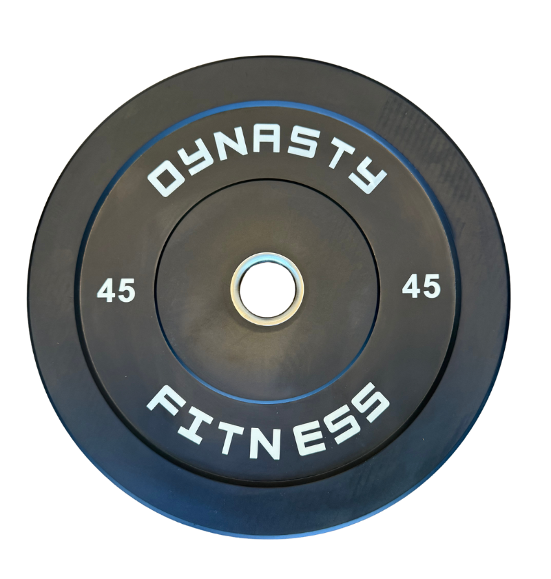 A black rubber weight plate with white lettering that reads 'DYNASTY FITNESS' and '45' on each side, shown on a plain white background.