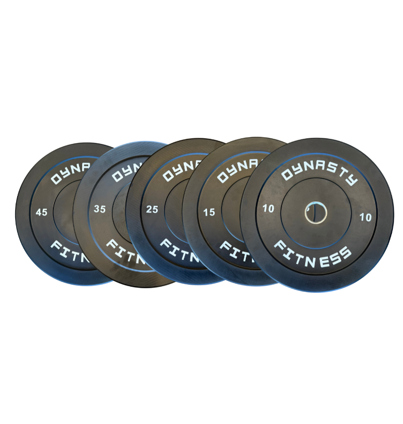 Black dynasty fitness branded bumper plates on a white background.