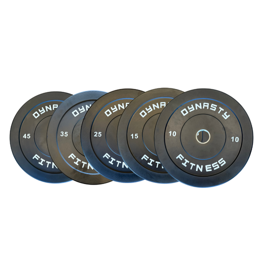 Black dynasty fitness branded bumper plates on a white background.