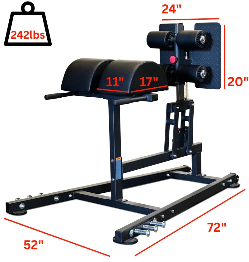 Glute Ham Developer (GHD) with measurements on a white background 