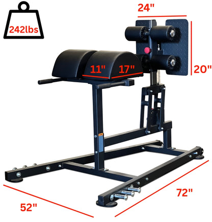 Glute Ham Developer (GHD) with measurements on a white background 