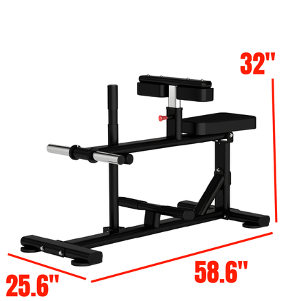 A black plate loaded seated calf bench, featuring a padded seat, adjustable thigh pads, and silver weight loading pegs on a plain white background with red dimension lines and text showing 25.6 inches width, 58.6 inches length and 32 inches height.