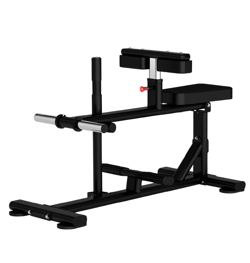 A black plate loaded seated calf bench, featuring a padded seat, adjustable thigh pads, and silver weight loading pegs on a plain white background.