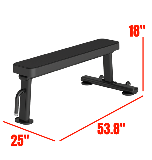 DR014 Flat Bench black workout bench labeled with dimensions