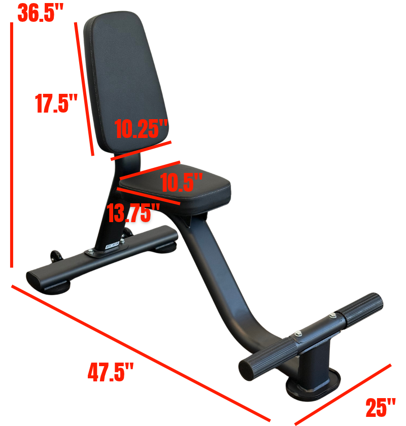 Black tricep seat with footrest with dimensions on a white background.